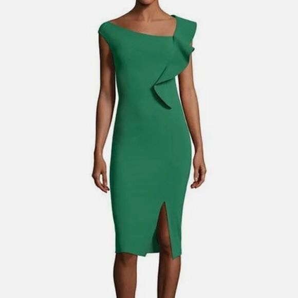 Chiara Boni Imani Asymmetric Ruffle Sheath Dress in Pavone - Picture 3 of 10